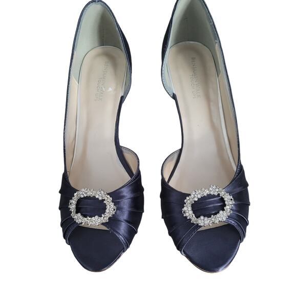 Benjamin Walk Women's Peep Toe Blue Satin Dress Casual Heels w/ Rhinestone Sz 10 - Picture 2 of 6